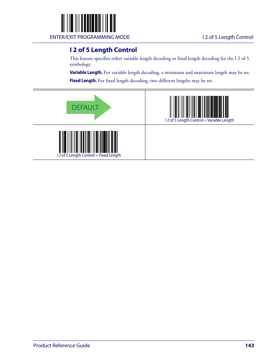 I 2 of 5 length control, Default | Wasp Barcode WLS9600 Product Reference Guide User Manual | Page 153 / 306
