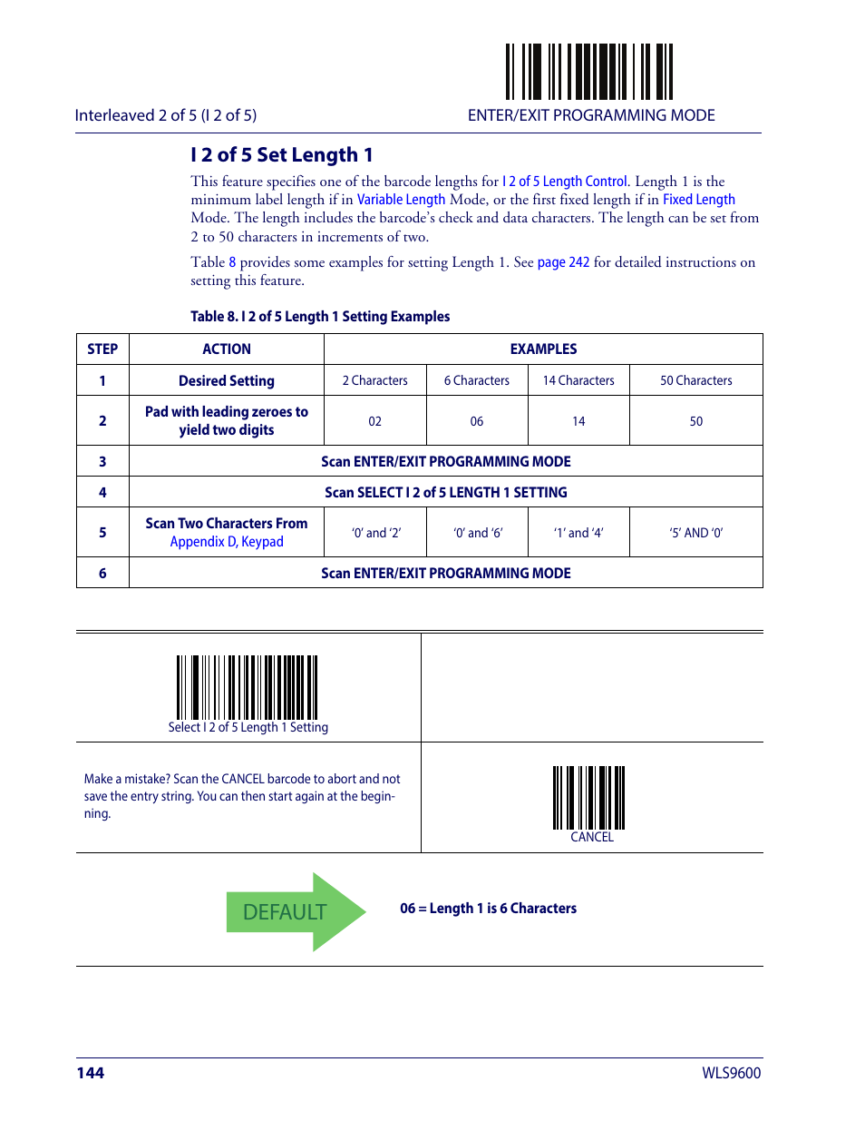 I 2 of 5 set length 1, Default | Wasp Barcode WLS9600 Product Reference Guide User Manual | Page 154 / 306