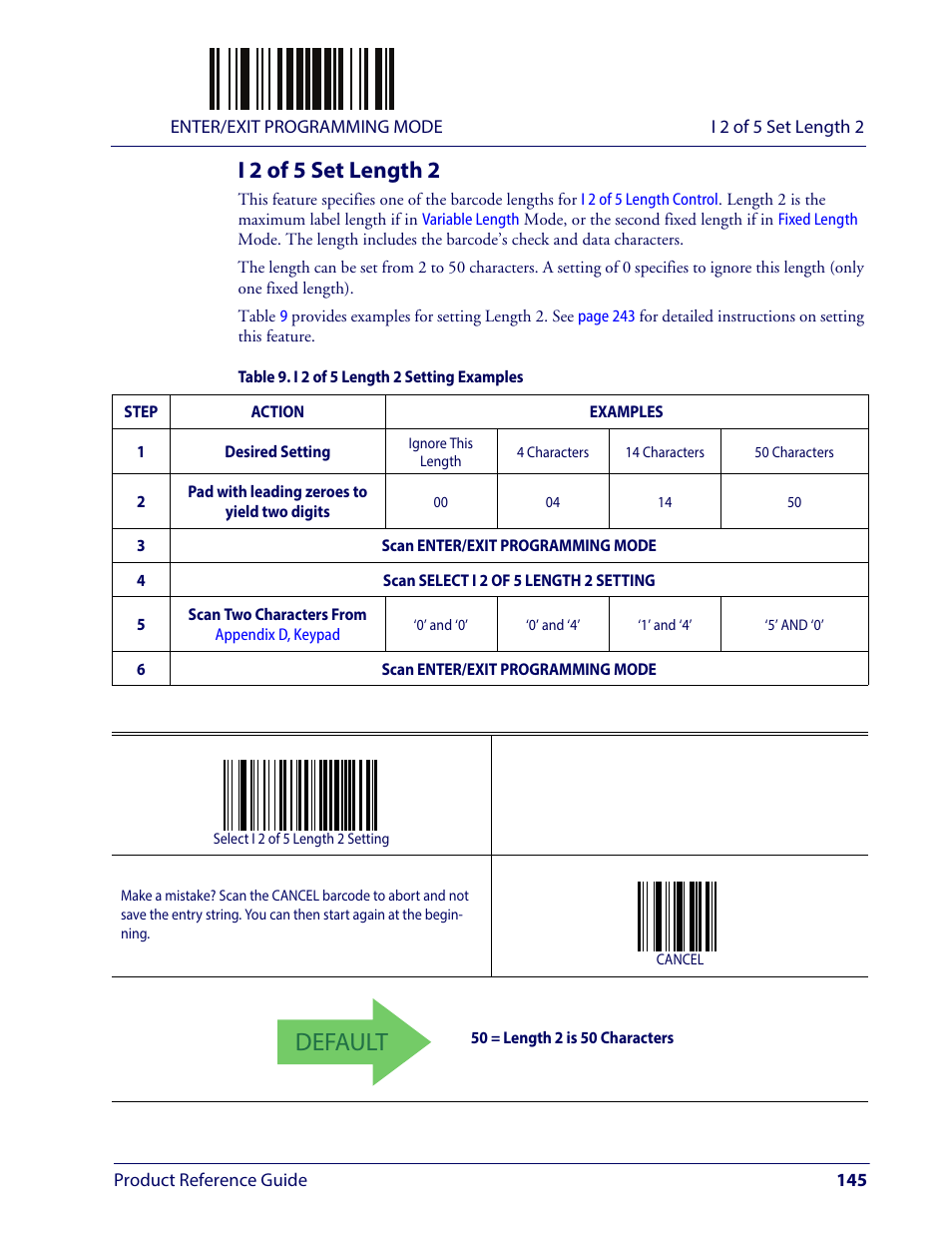 I 2 of 5 set length 2, Default | Wasp Barcode WLS9600 Product Reference Guide User Manual | Page 155 / 306