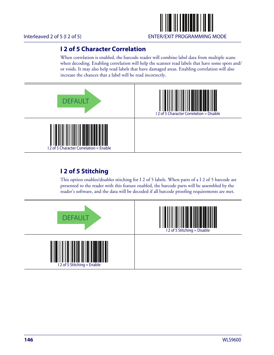 I 2 of 5 character correlation, I 2 of 5 stitching, I 2 of 5 character correlation i 2 of 5 stitching | Default | Wasp Barcode WLS9600 Product Reference Guide User Manual | Page 156 / 306