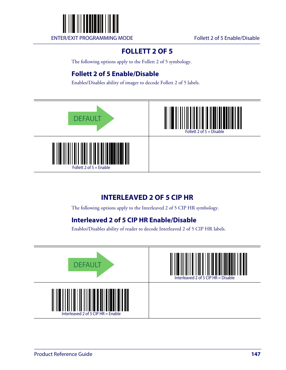Follett 2 of 5, Follett 2 of 5 enable/disable, Interleaved 2 of 5 cip hr | Interleaved 2 of 5 cip hr enable/disable, Default | Wasp Barcode WLS9600 Product Reference Guide User Manual | Page 157 / 306