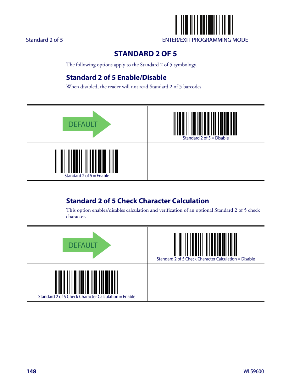 Standard 2 of 5, Standard 2 of 5 enable/disable, Standard 2 of 5 check character calculation | Tandard, Default | Wasp Barcode WLS9600 Product Reference Guide User Manual | Page 158 / 306