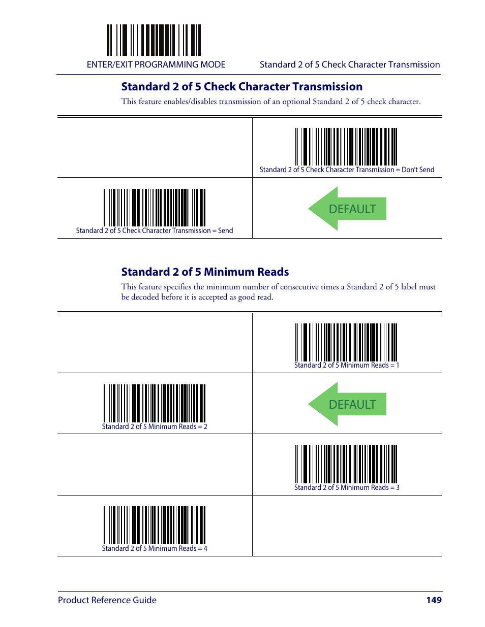 Standard 2 of 5 check character transmission, Standard 2 of 5 minimum reads, Default | Wasp Barcode WLS9600 Product Reference Guide User Manual | Page 159 / 306