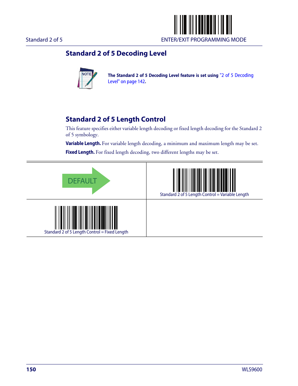 Standard 2 of 5 decoding level, Standard 2 of 5 length control, Default | Wasp Barcode WLS9600 Product Reference Guide User Manual | Page 160 / 306
