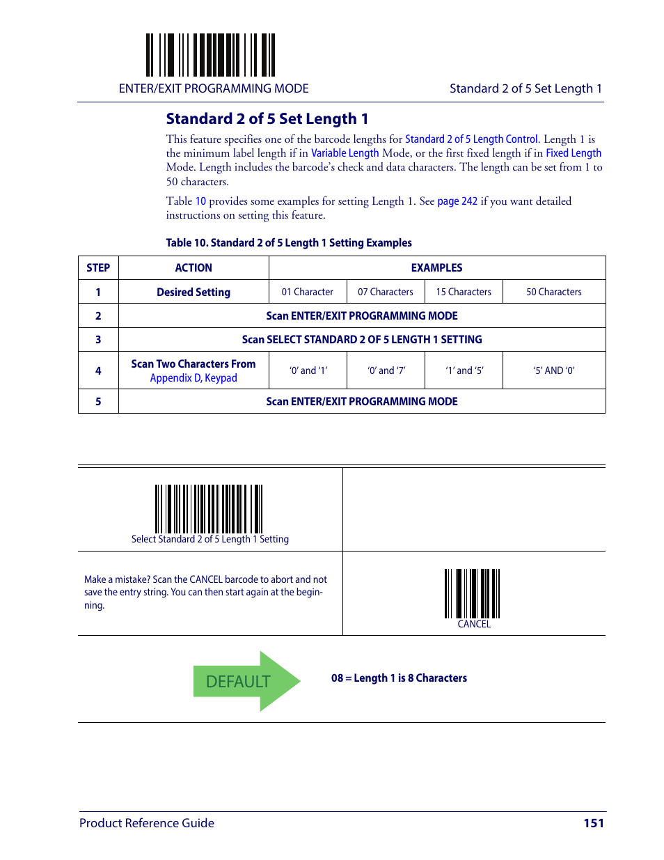 Standard 2 of 5 set length 1, Default | Wasp Barcode WLS9600 Product Reference Guide User Manual | Page 161 / 306