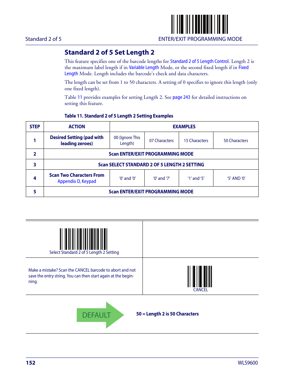 Standard 2 of 5 set length 2, Default | Wasp Barcode WLS9600 Product Reference Guide User Manual | Page 162 / 306