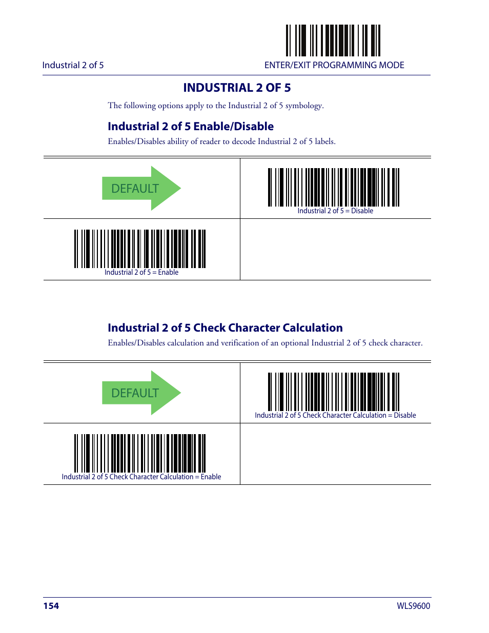 Industrial 2 of 5, Industrial 2 of 5 enable/disable, Industrial 2 of 5 check character calculation | Ndustrial, Default | Wasp Barcode WLS9600 Product Reference Guide User Manual | Page 164 / 306