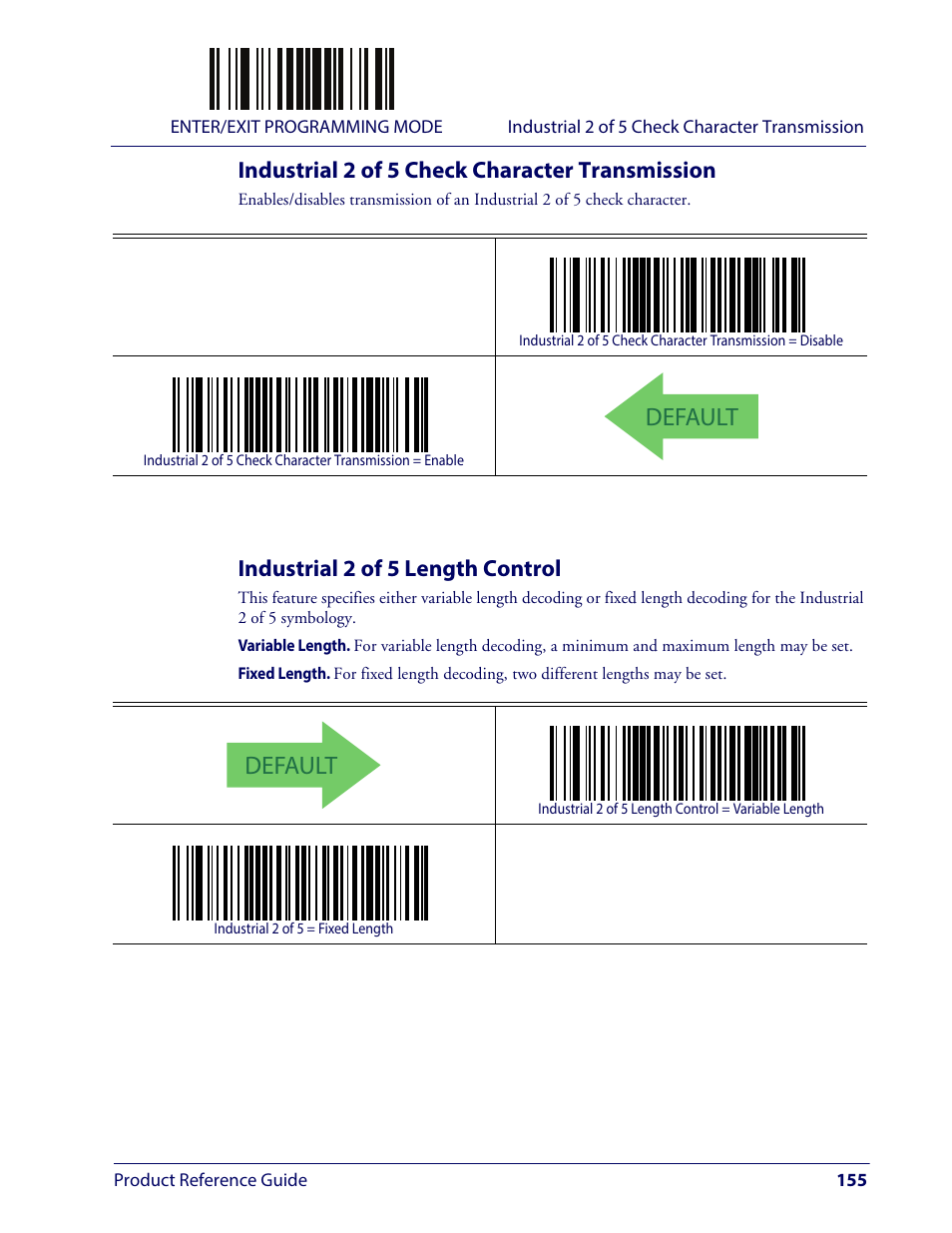 Industrial 2 of 5 check character transmission, Industrial 2 of 5 length control, Default | Wasp Barcode WLS9600 Product Reference Guide User Manual | Page 165 / 306