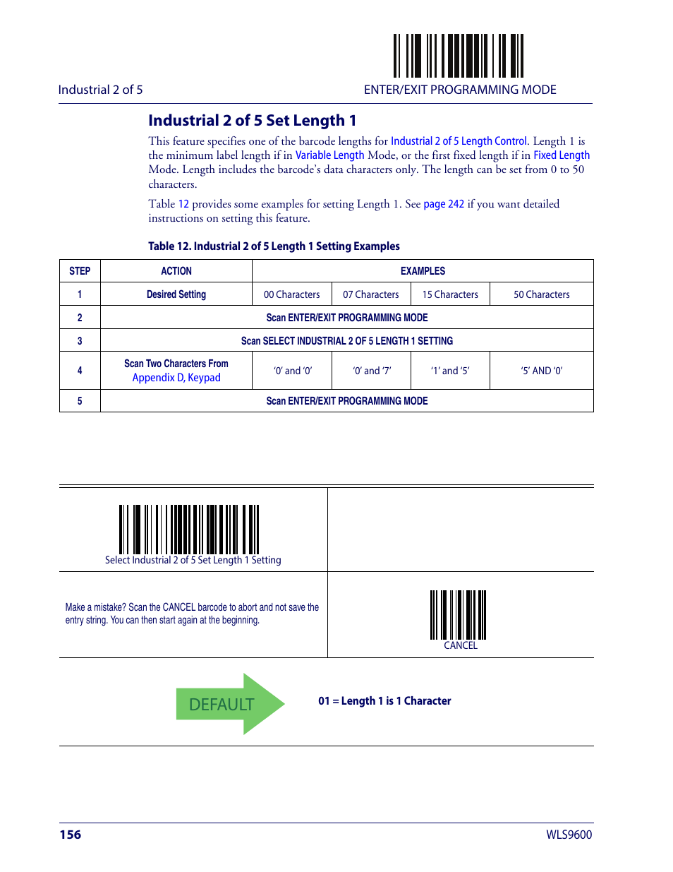 Industrial 2 of 5 set length 1, Default | Wasp Barcode WLS9600 Product Reference Guide User Manual | Page 166 / 306