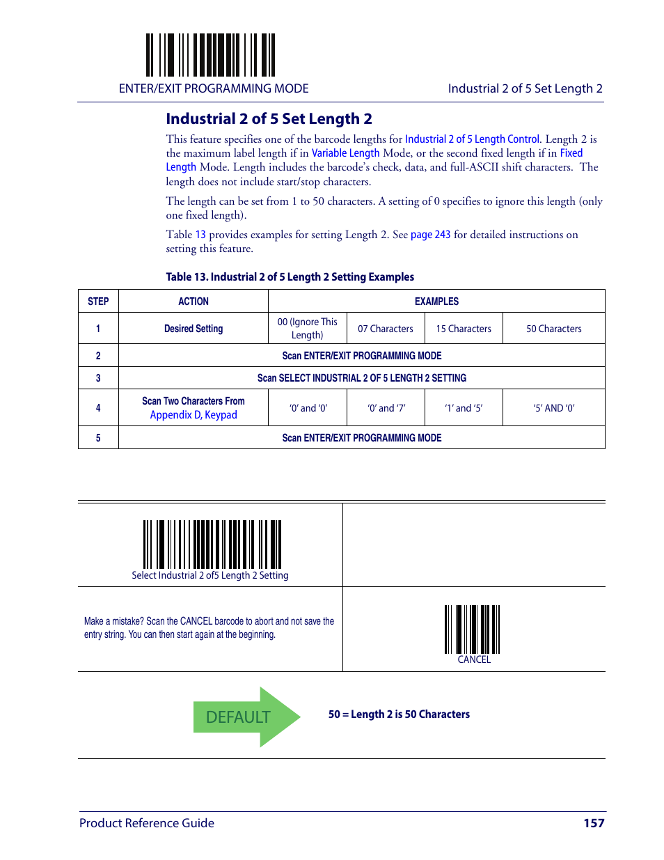 Industrial 2 of 5 set length 2, Default | Wasp Barcode WLS9600 Product Reference Guide User Manual | Page 167 / 306