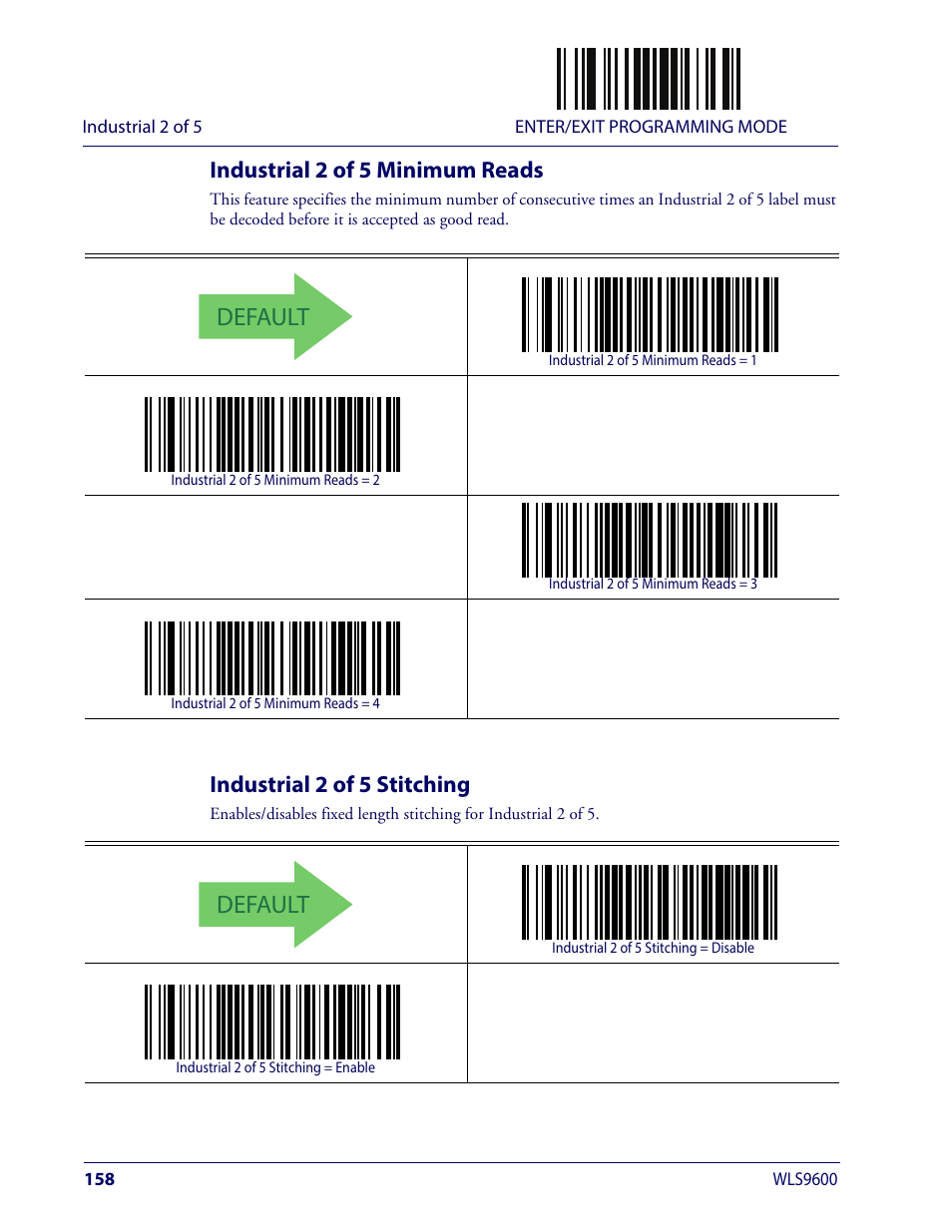 Industrial 2 of 5 minimum reads, Industrial 2 of 5 stitching, Default | Wasp Barcode WLS9600 Product Reference Guide User Manual | Page 168 / 306