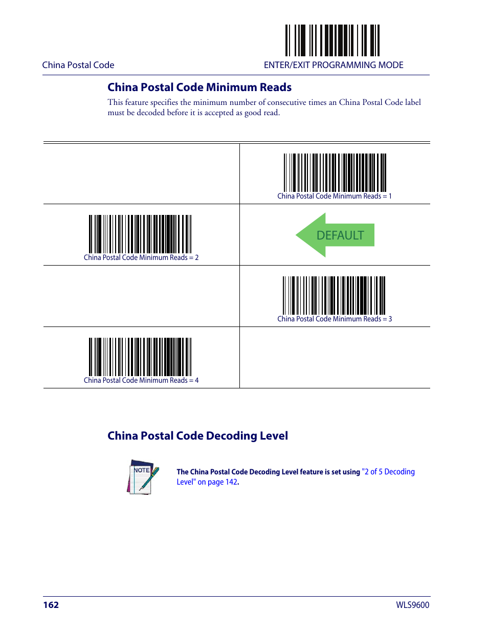 China postal code minimum reads, China postal code decoding level, Default | Wasp Barcode WLS9600 Product Reference Guide User Manual | Page 172 / 306