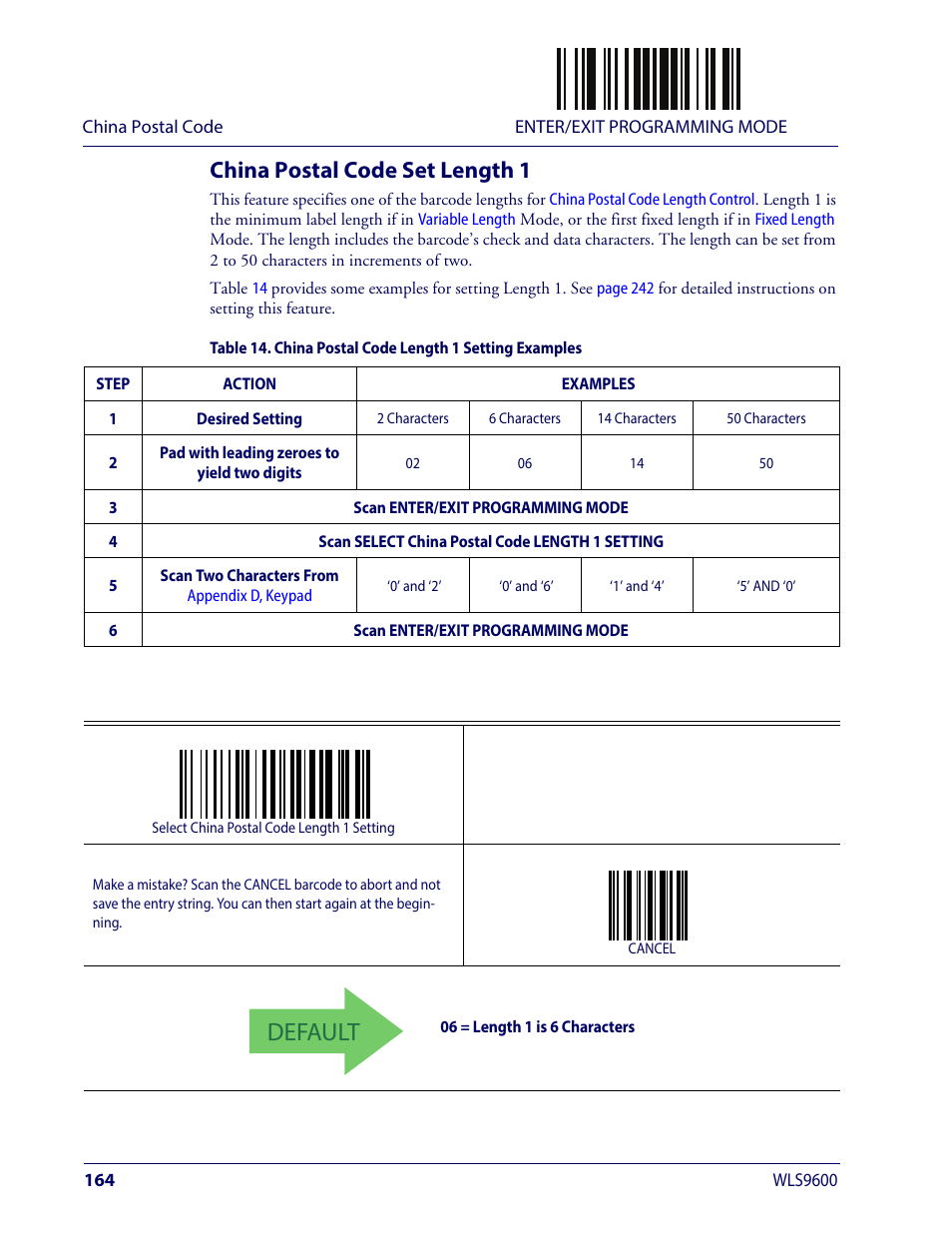 China postal code set length 1, Default | Wasp Barcode WLS9600 Product Reference Guide User Manual | Page 174 / 306