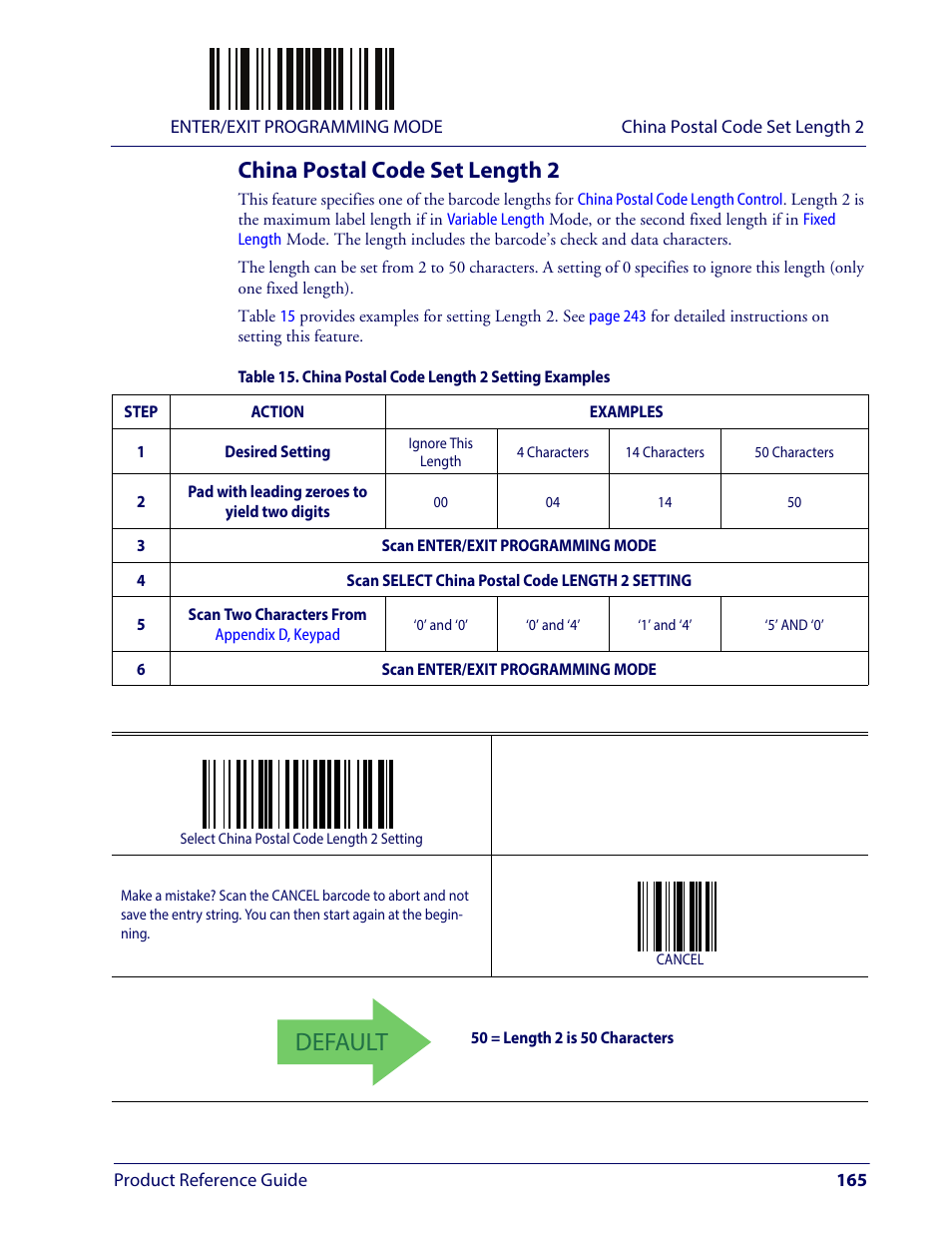 China postal code set length 2, Default | Wasp Barcode WLS9600 Product Reference Guide User Manual | Page 175 / 306