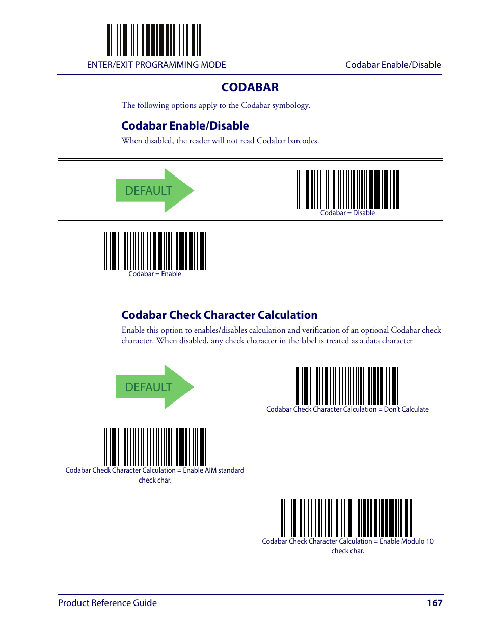 Codabar, Codabar enable/disable, Codabar check character calculation | Odabar, Default | Wasp Barcode WLS9600 Product Reference Guide User Manual | Page 177 / 306