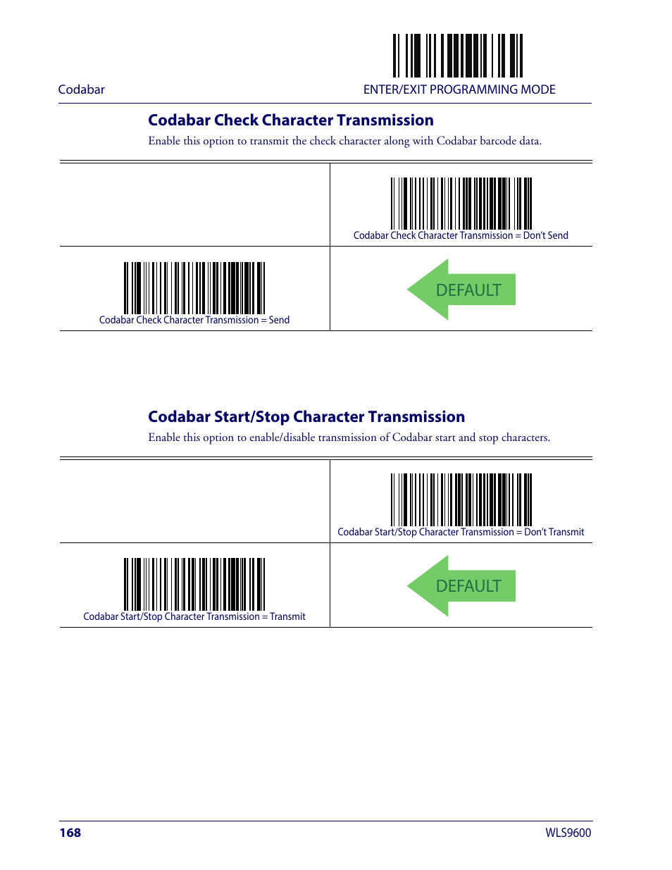 Codabar check character transmission, Codabar start/stop character transmission, Default | Wasp Barcode WLS9600 Product Reference Guide User Manual | Page 178 / 306