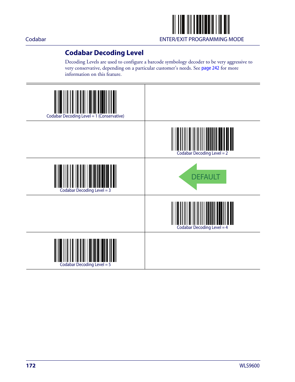 Codabar decoding level, Default | Wasp Barcode WLS9600 Product Reference Guide User Manual | Page 182 / 306