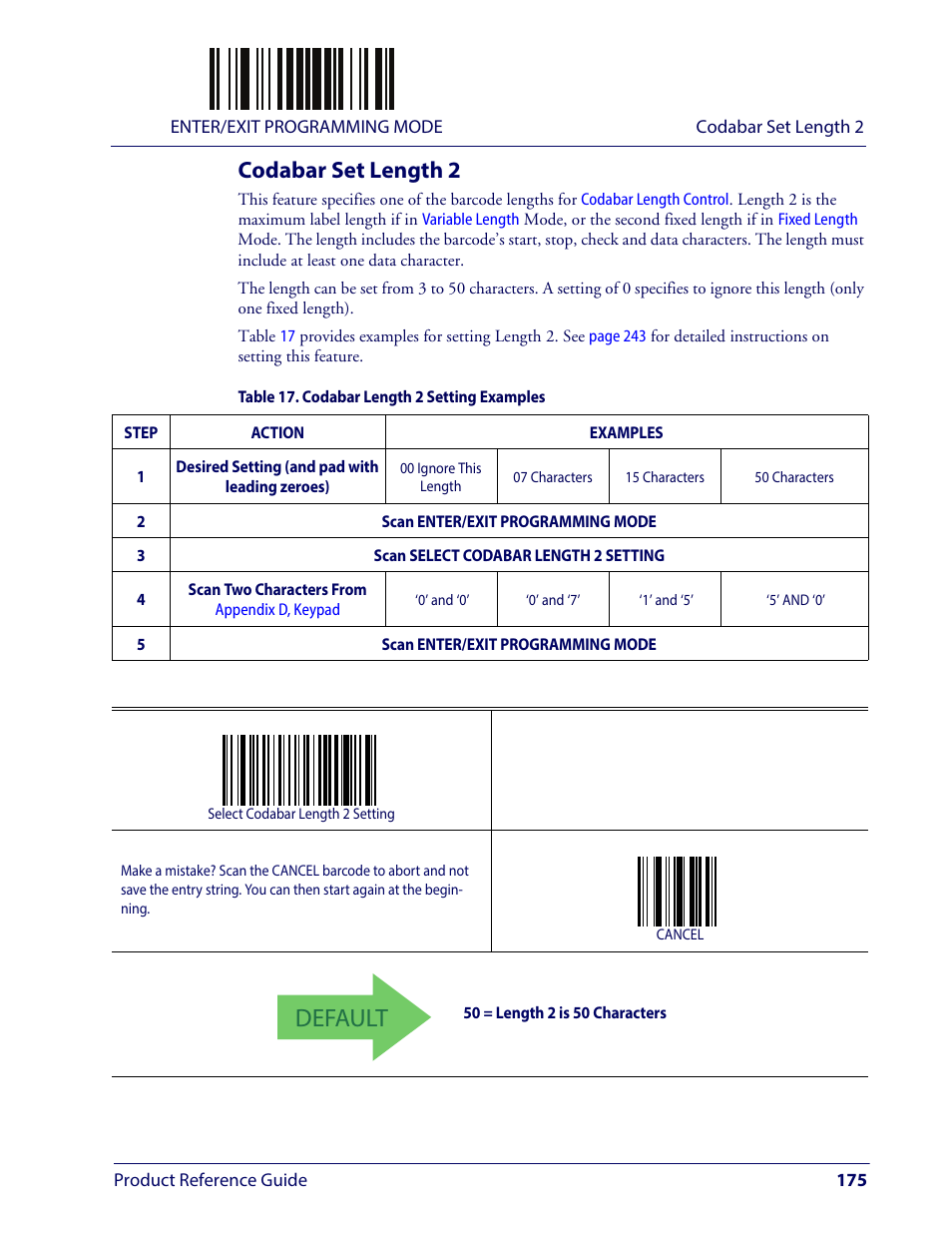 Codabar set length 2, Default | Wasp Barcode WLS9600 Product Reference Guide User Manual | Page 185 / 306