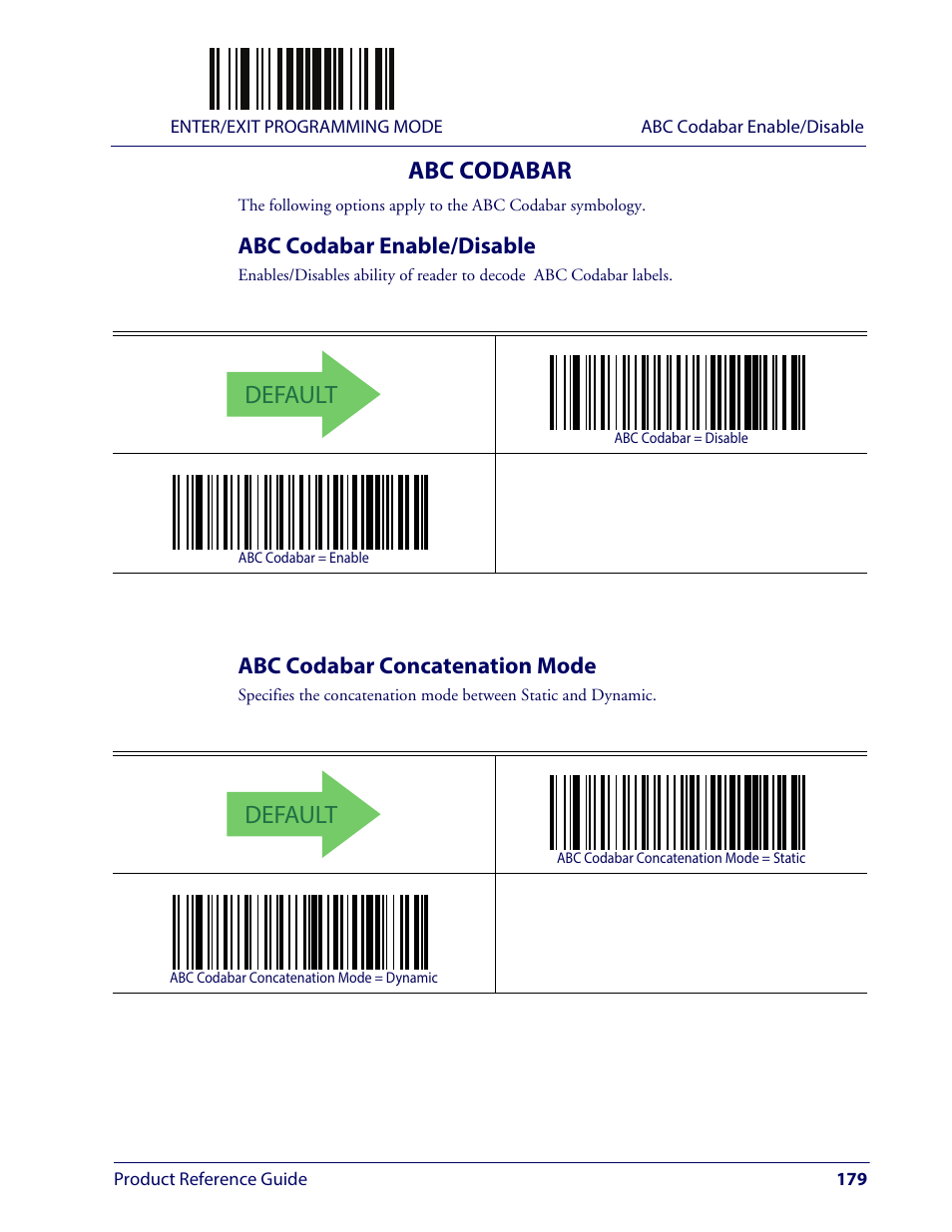 Abc codabar, Abc codabar enable/disable, Abc codabar concatenation mode | Default | Wasp Barcode WLS9600 Product Reference Guide User Manual | Page 189 / 306