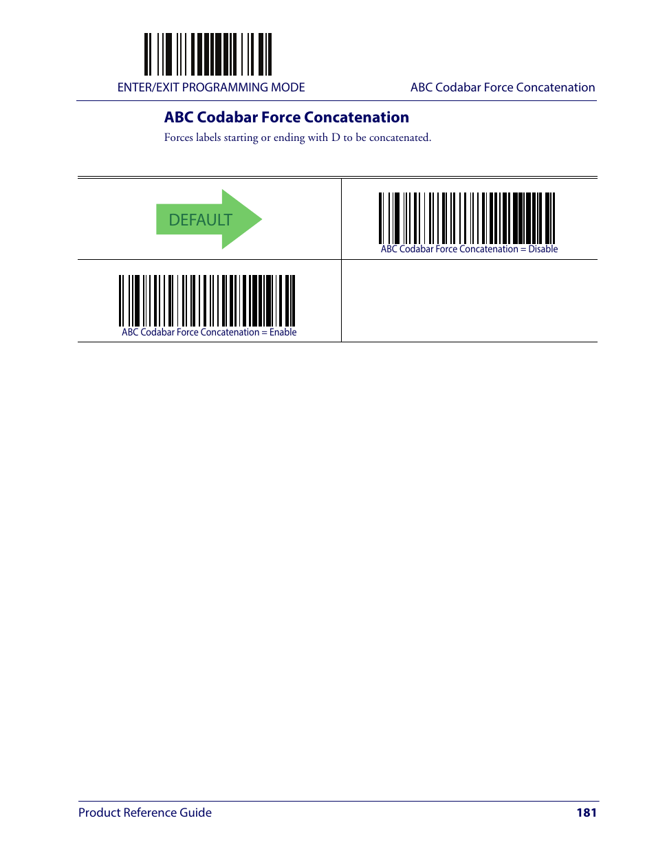 Abc codabar force concatenation, Default | Wasp Barcode WLS9600 Product Reference Guide User Manual | Page 191 / 306