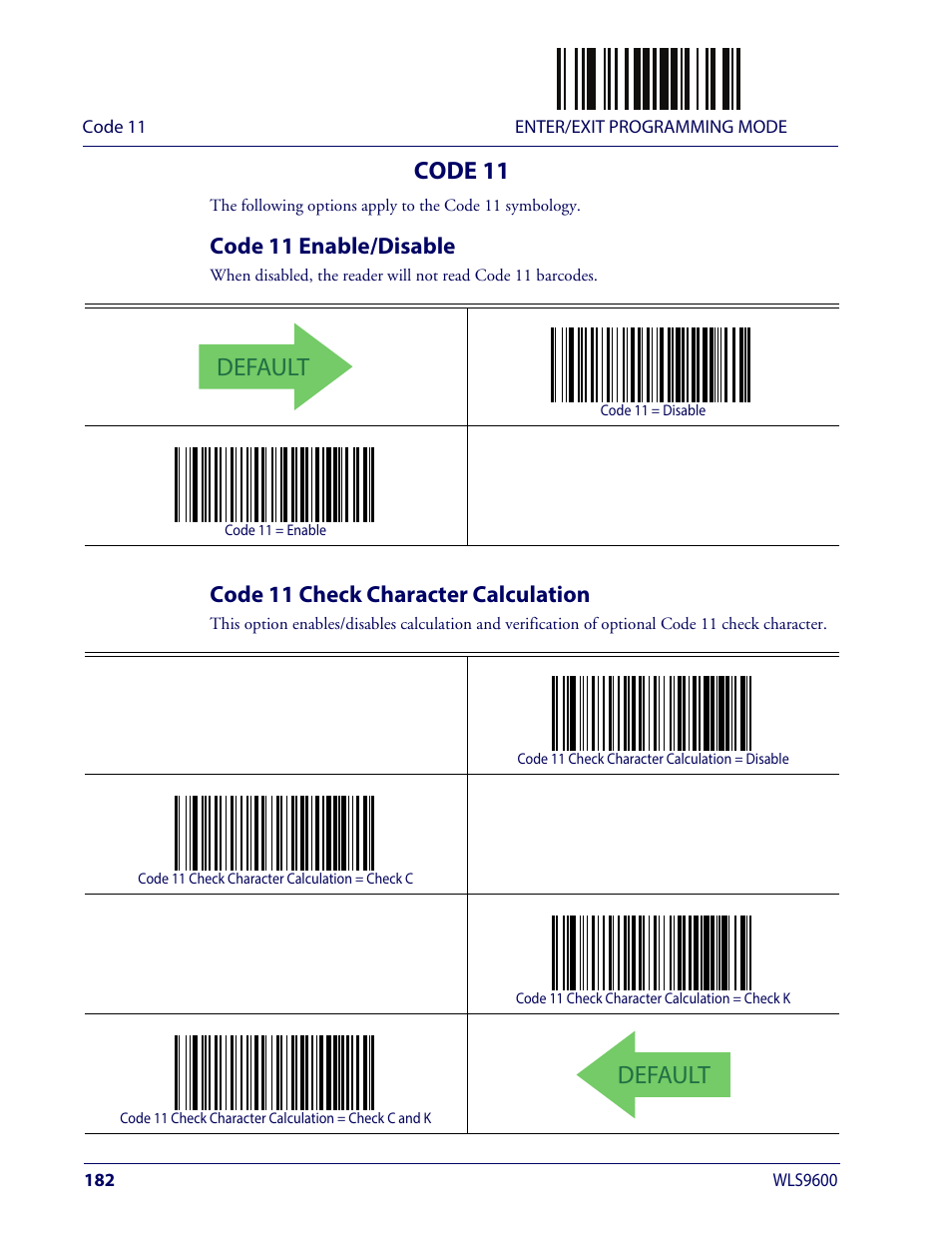 Code 11, Code 11 enable/disable, Code 11 check character calculation | Default | Wasp Barcode WLS9600 Product Reference Guide User Manual | Page 192 / 306