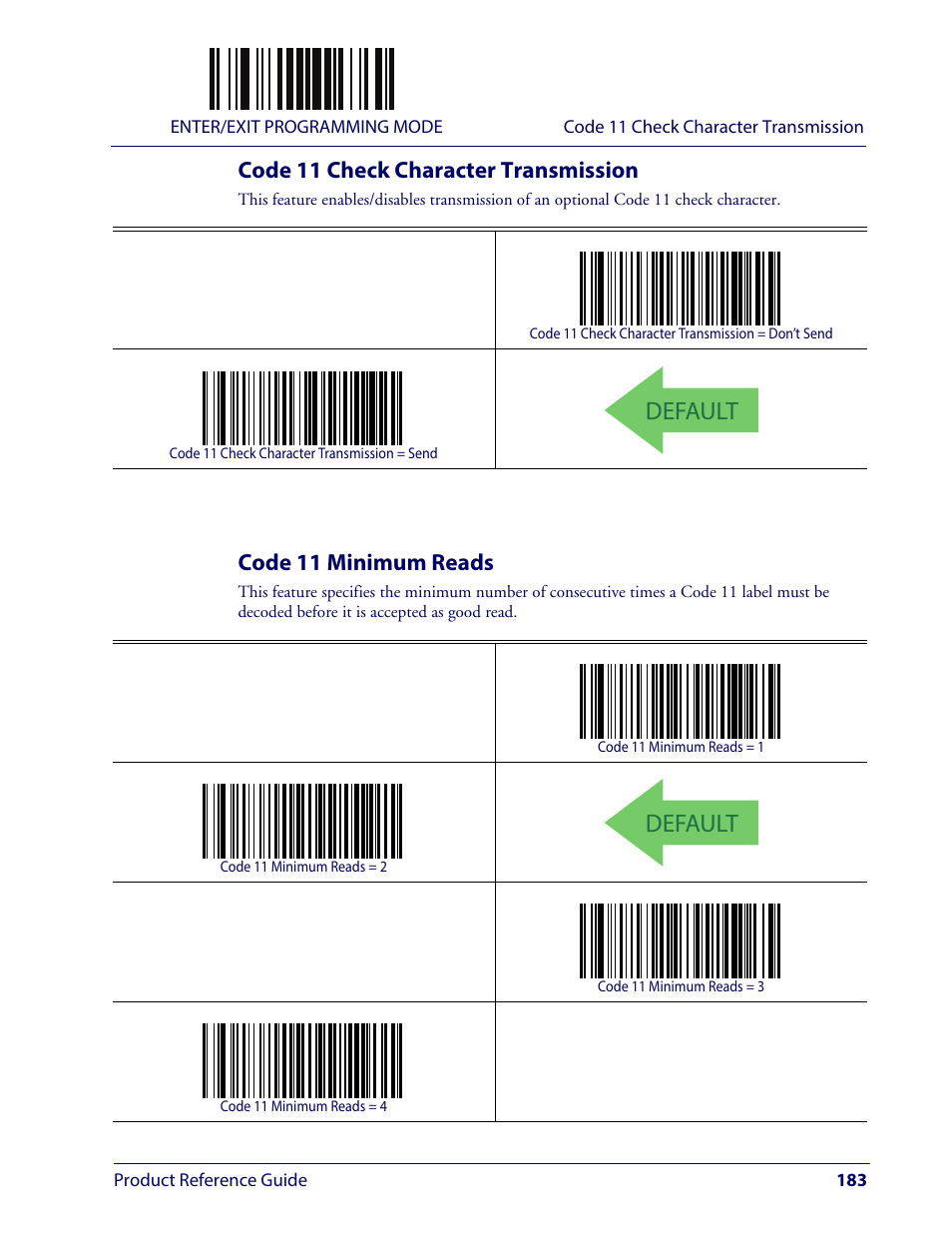 Code 11 check character transmission, Code 11 minimum reads, Default | Wasp Barcode WLS9600 Product Reference Guide User Manual | Page 193 / 306