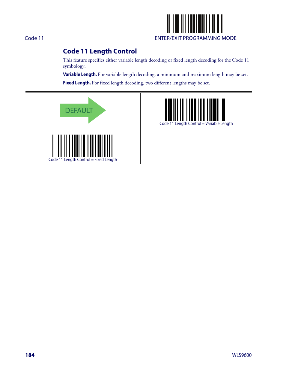 Code 11 length control, Default | Wasp Barcode WLS9600 Product Reference Guide User Manual | Page 194 / 306