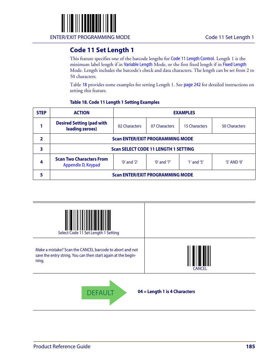 Code 11 set length 1, Default | Wasp Barcode WLS9600 Product Reference Guide User Manual | Page 195 / 306