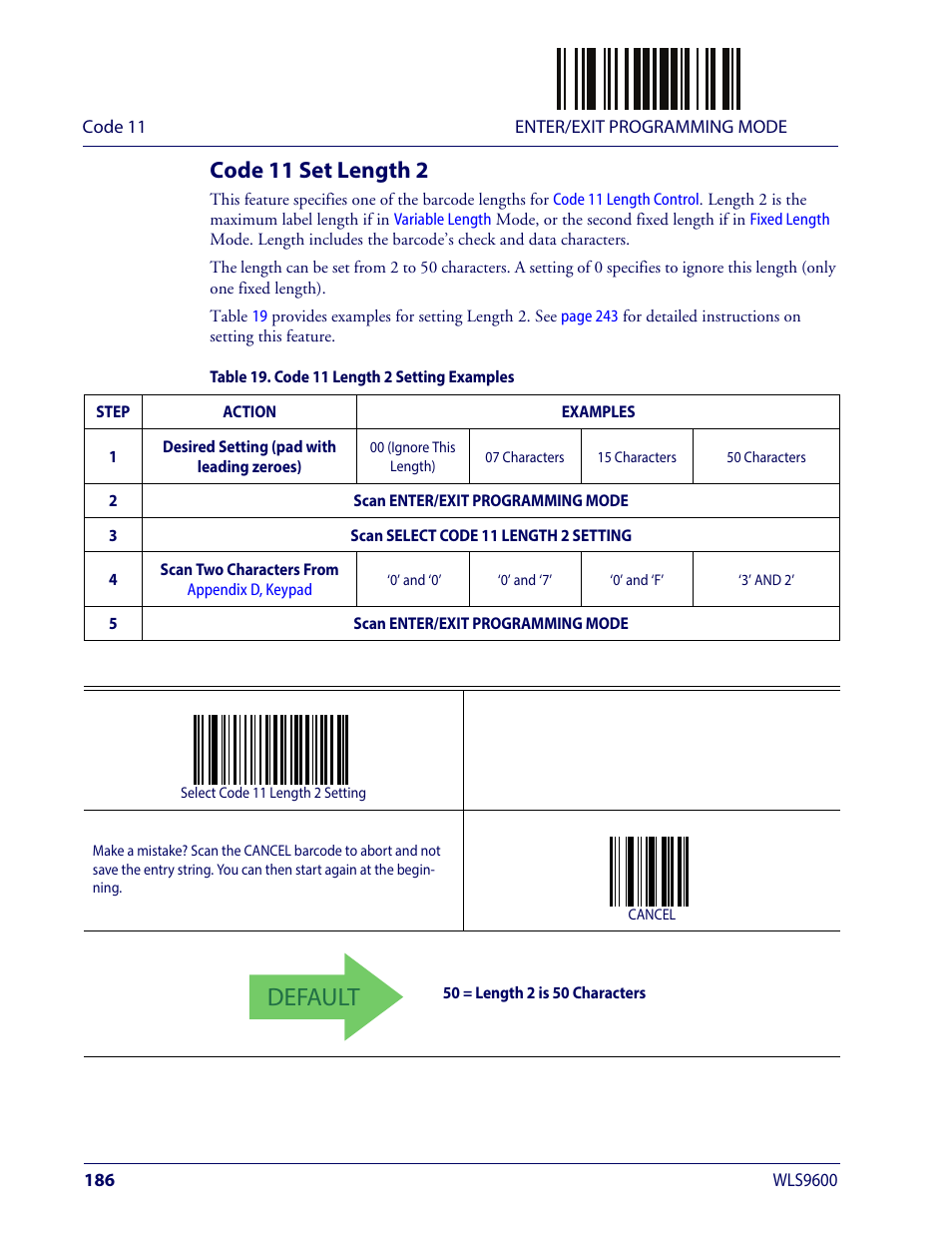Code 11 set length 2, Default | Wasp Barcode WLS9600 Product Reference Guide User Manual | Page 196 / 306