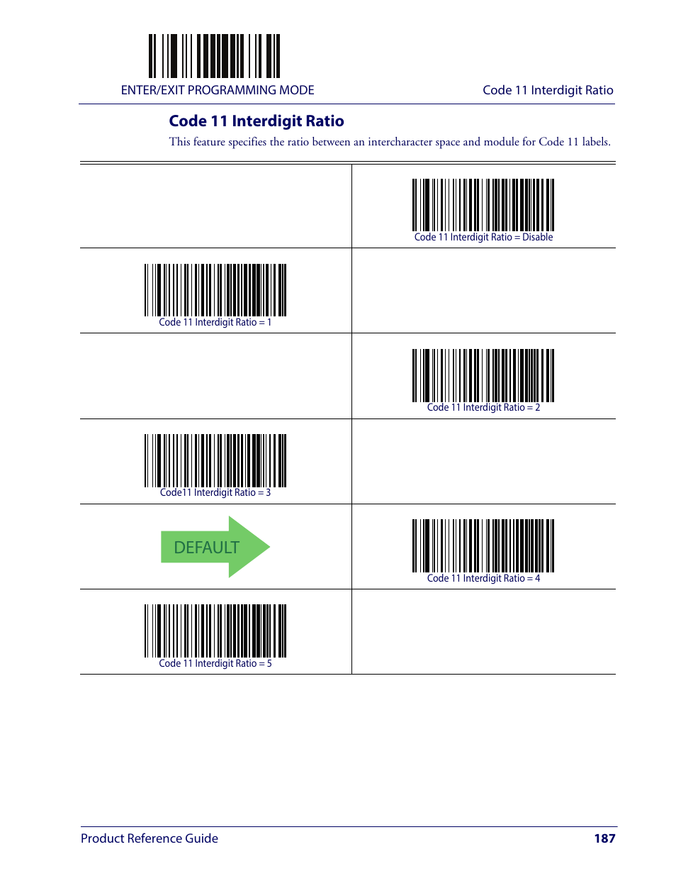 Code 11 interdigit ratio, Default | Wasp Barcode WLS9600 Product Reference Guide User Manual | Page 197 / 306