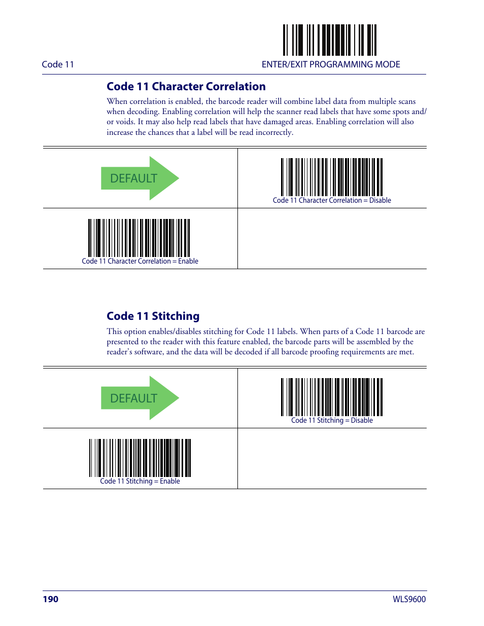 Code 11 character correlation, Code 11 stitching, Code 11 character correlation code 11 stitching | Default | Wasp Barcode WLS9600 Product Reference Guide User Manual | Page 200 / 306