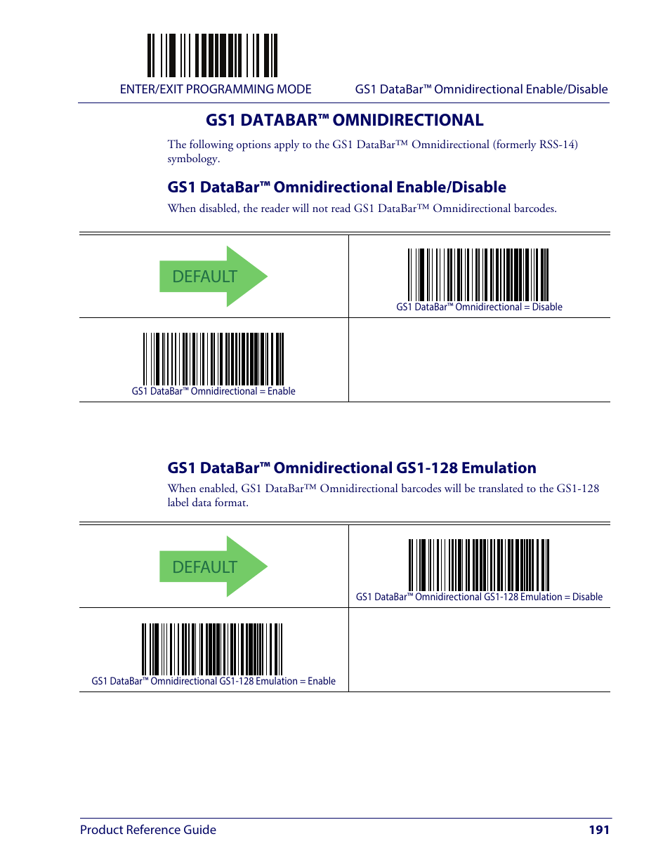 Gs1 databar™ omnidirectional, Gs1 databar™ omnidirectional enable/disable, Gs1 databar™ omnidirectional gs1-128 emulation | Gs1 d, Mnidirectional, Default | Wasp Barcode WLS9600 Product Reference Guide User Manual | Page 201 / 306