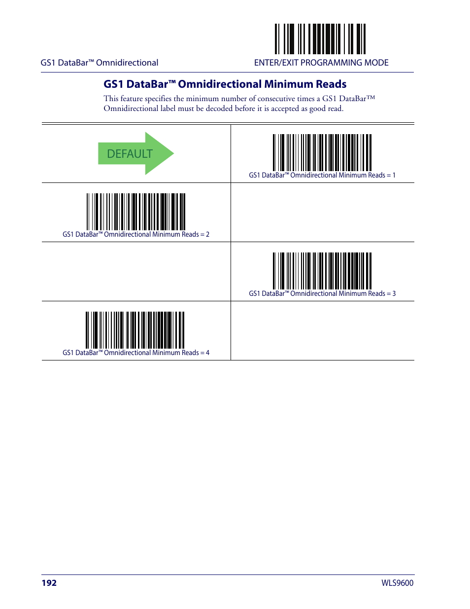 Gs1 databar™ omnidirectional minimum reads, Default | Wasp Barcode WLS9600 Product Reference Guide User Manual | Page 202 / 306