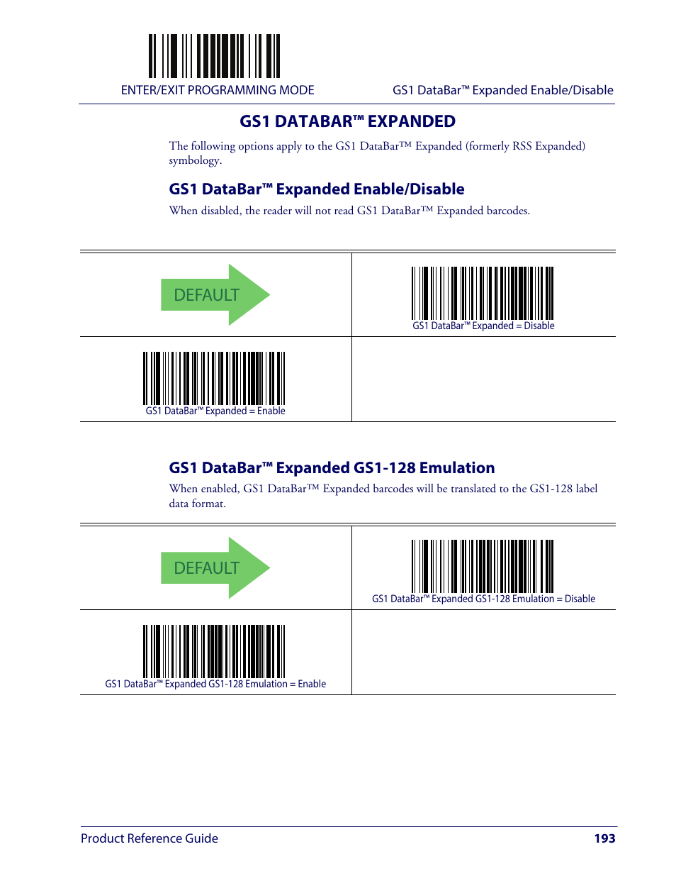 Gs1 databar™ expanded, Gs1 databar™ expanded enable/disable, Gs1 databar™ expanded gs1-128 emulation | Default | Wasp Barcode WLS9600 Product Reference Guide User Manual | Page 203 / 306
