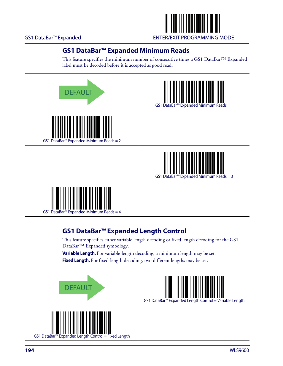 Gs1 databar™ expanded minimum reads, Gs1 databar™ expanded length control, Default | Wasp Barcode WLS9600 Product Reference Guide User Manual | Page 204 / 306