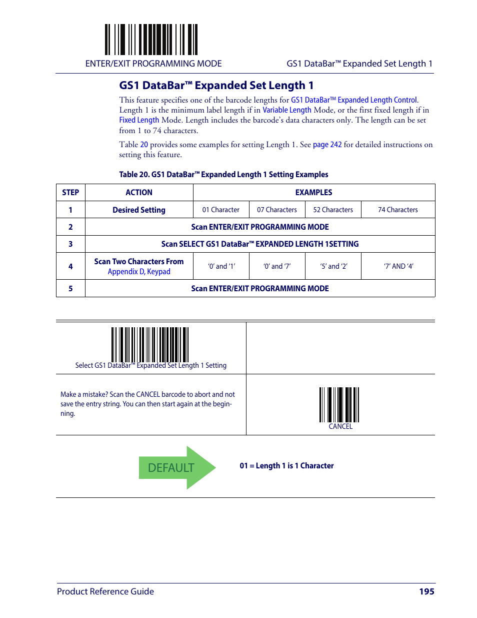 Gs1 databar™ expanded set length 1, Default | Wasp Barcode WLS9600 Product Reference Guide User Manual | Page 205 / 306