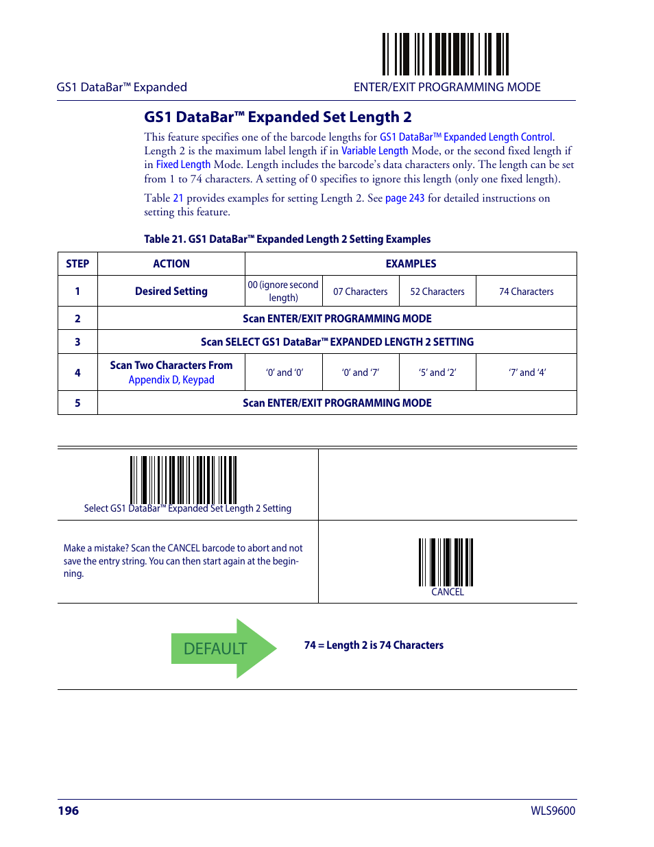 Gs1 databar™ expanded set length 2, Default | Wasp Barcode WLS9600 Product Reference Guide User Manual | Page 206 / 306