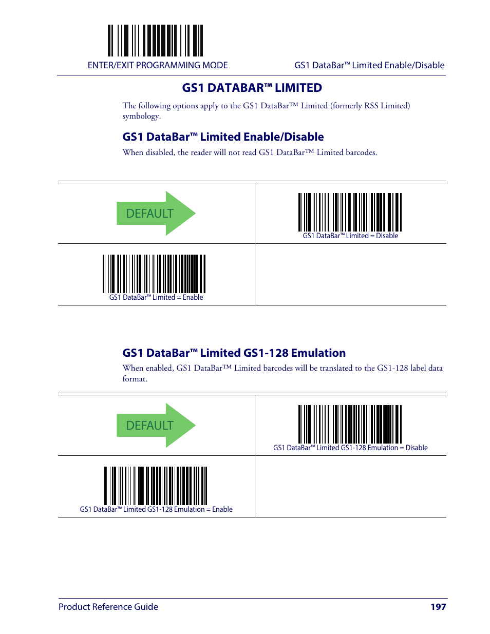 Gs1 databar™ limited, Gs1 databar™ limited enable/disable, Gs1 databar™ limited gs1-128 emulation | Default | Wasp Barcode WLS9600 Product Reference Guide User Manual | Page 207 / 306