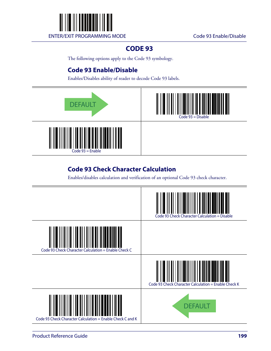 Code 93, Code 93 enable/disable, Code 93 check character calculation | Default | Wasp Barcode WLS9600 Product Reference Guide User Manual | Page 209 / 306