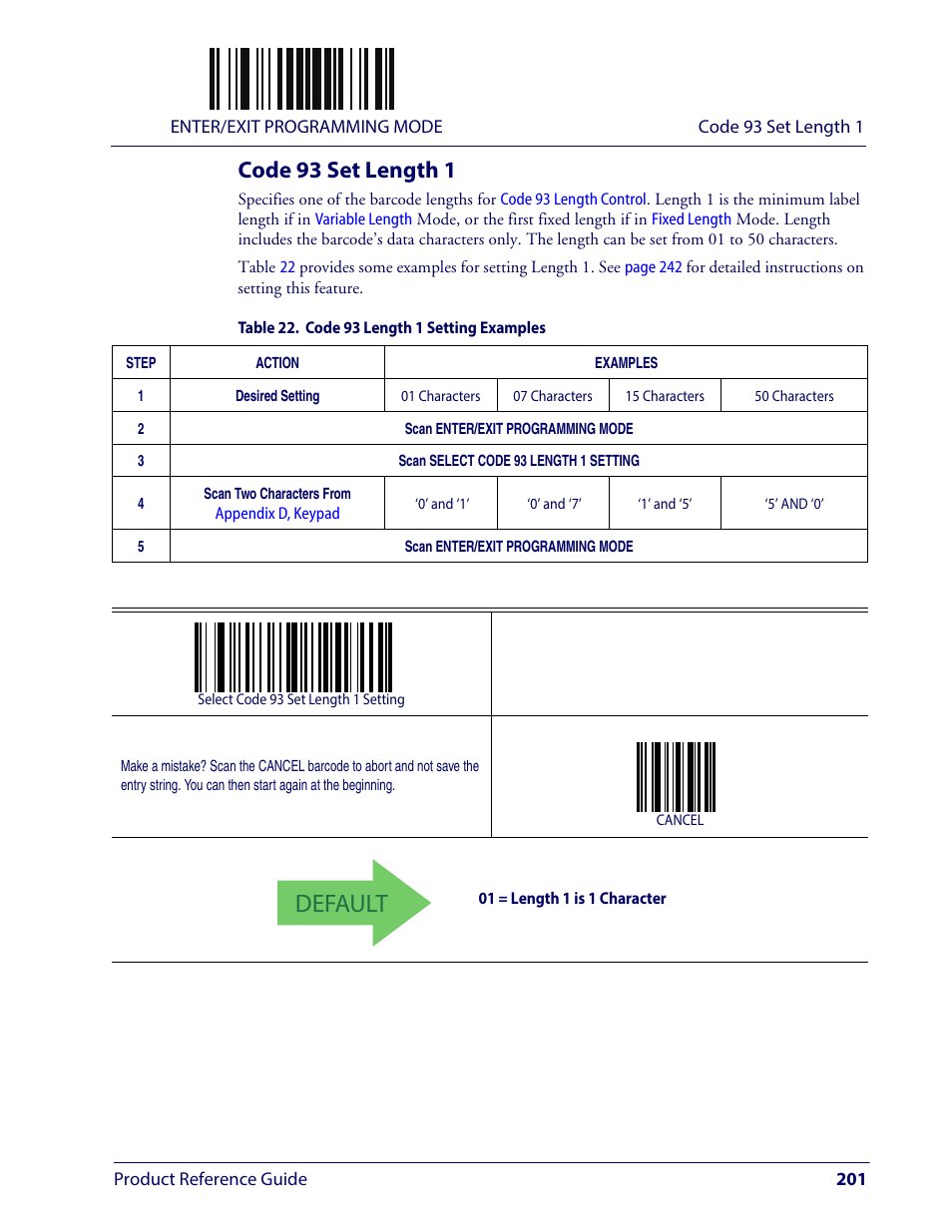 Code 93 set length 1, Default | Wasp Barcode WLS9600 Product Reference Guide User Manual | Page 211 / 306