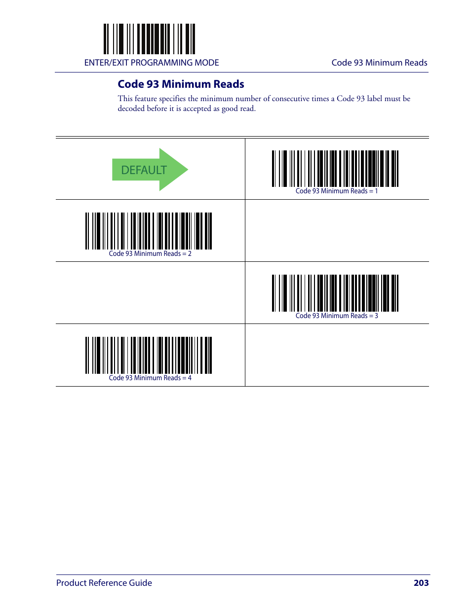 Code 93 minimum reads, Default | Wasp Barcode WLS9600 Product Reference Guide User Manual | Page 213 / 306