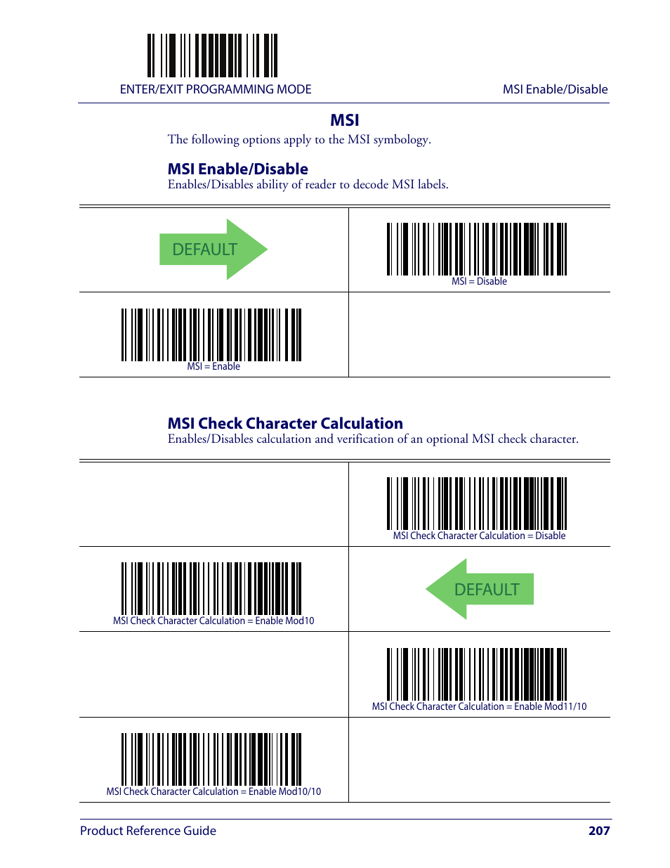 Msi enable/disable, Msi check character calculation, Msi enable/disable msi check character calculation | Default | Wasp Barcode WLS9600 Product Reference Guide User Manual | Page 217 / 306