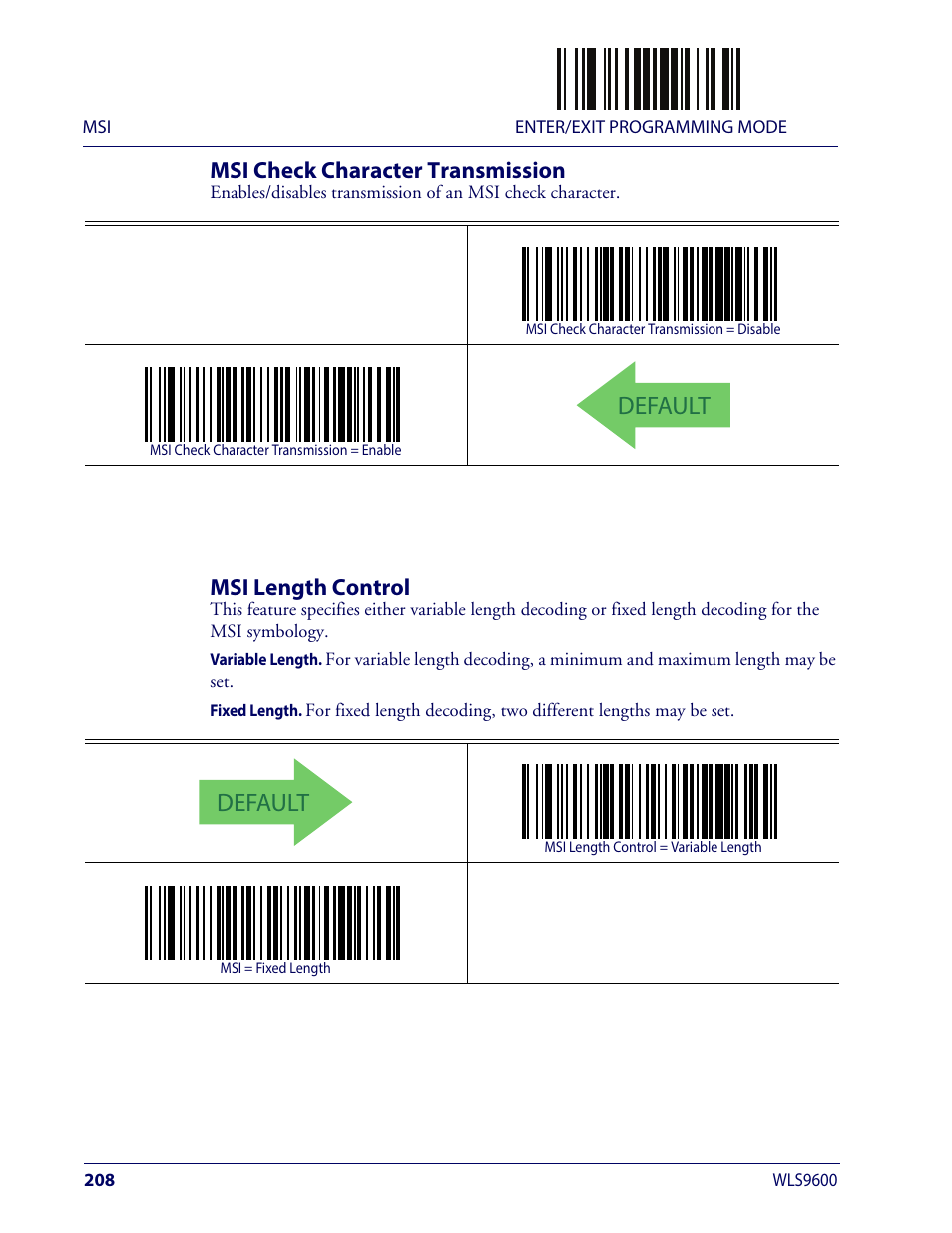 Msi check character transmission, Msi length control, Default | Wasp Barcode WLS9600 Product Reference Guide User Manual | Page 218 / 306