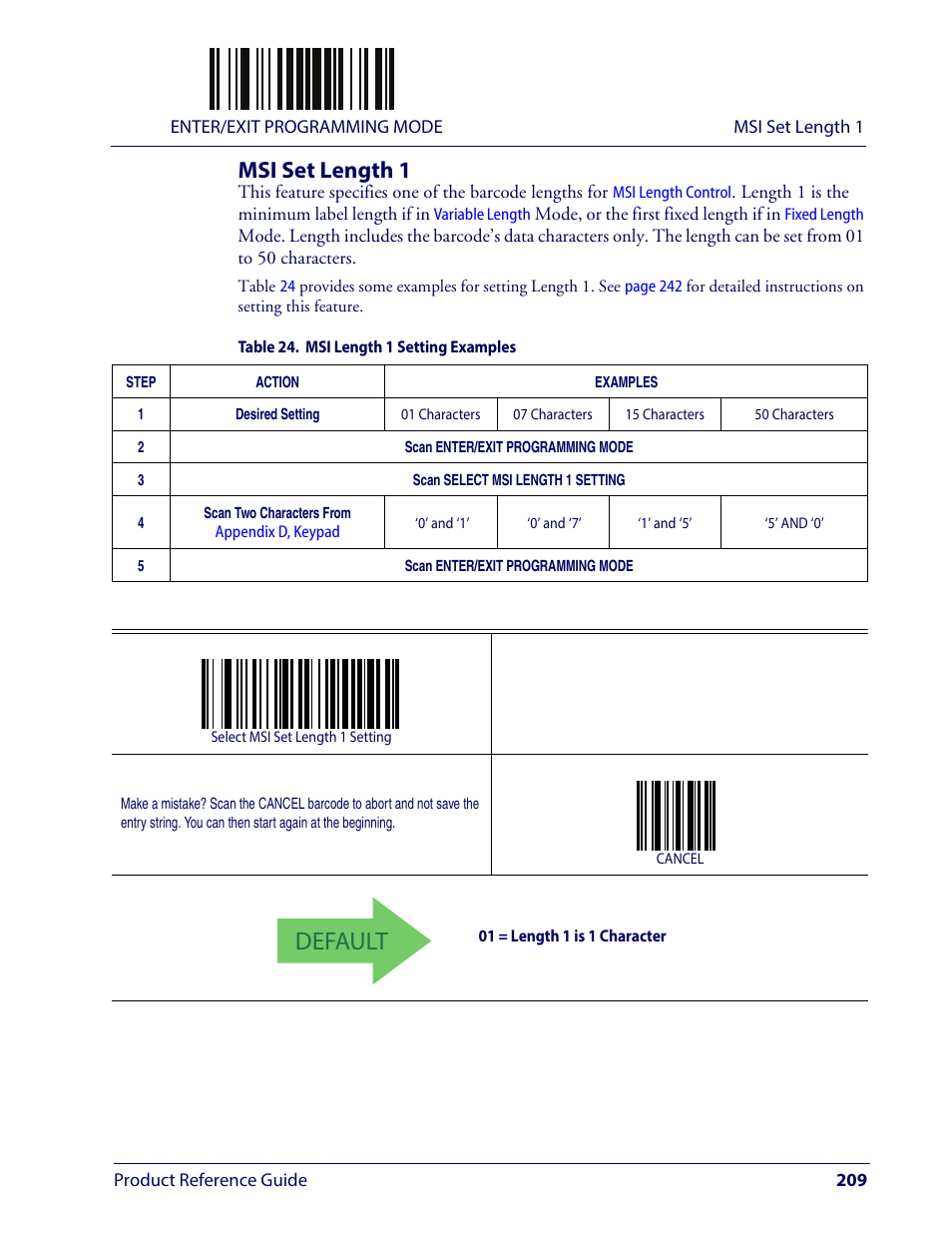 Msi set length 1, Default | Wasp Barcode WLS9600 Product Reference Guide User Manual | Page 219 / 306