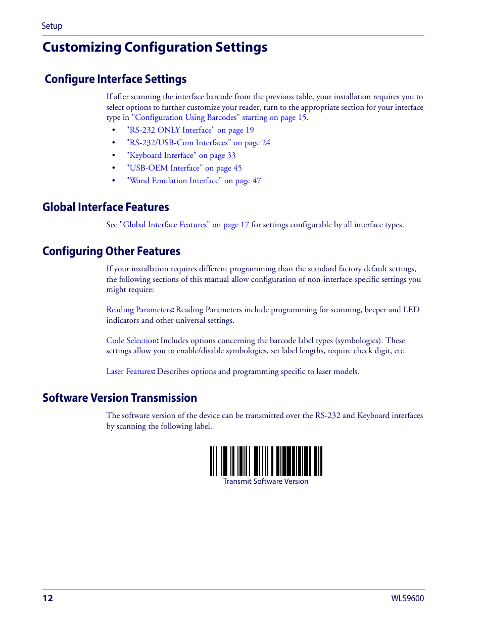Customizing configuration settings, Configure interface settings, Global interface features | Configuring other features, Software version transmission | Wasp Barcode WLS9600 Product Reference Guide User Manual | Page 22 / 306
