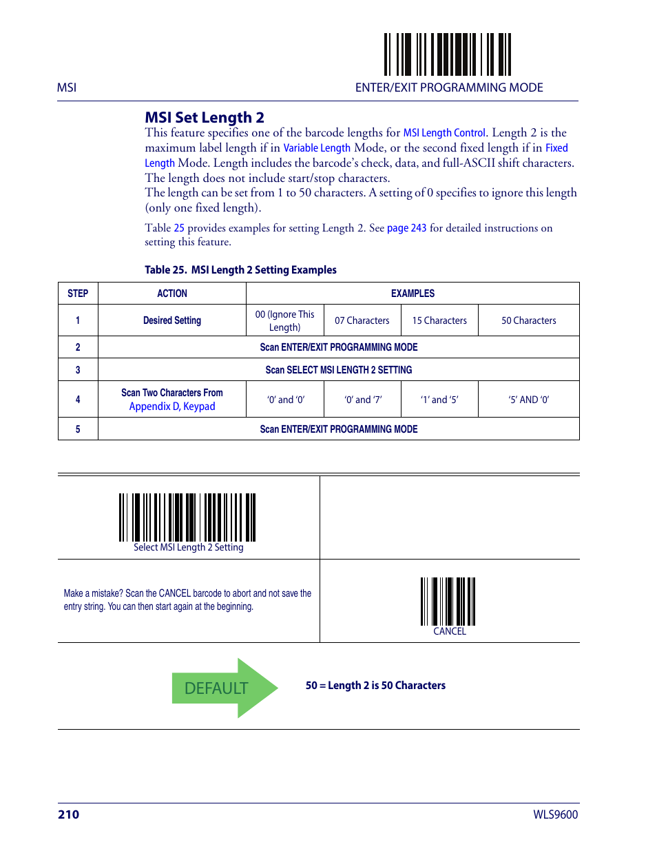 Msi set length 2, Default | Wasp Barcode WLS9600 Product Reference Guide User Manual | Page 220 / 306