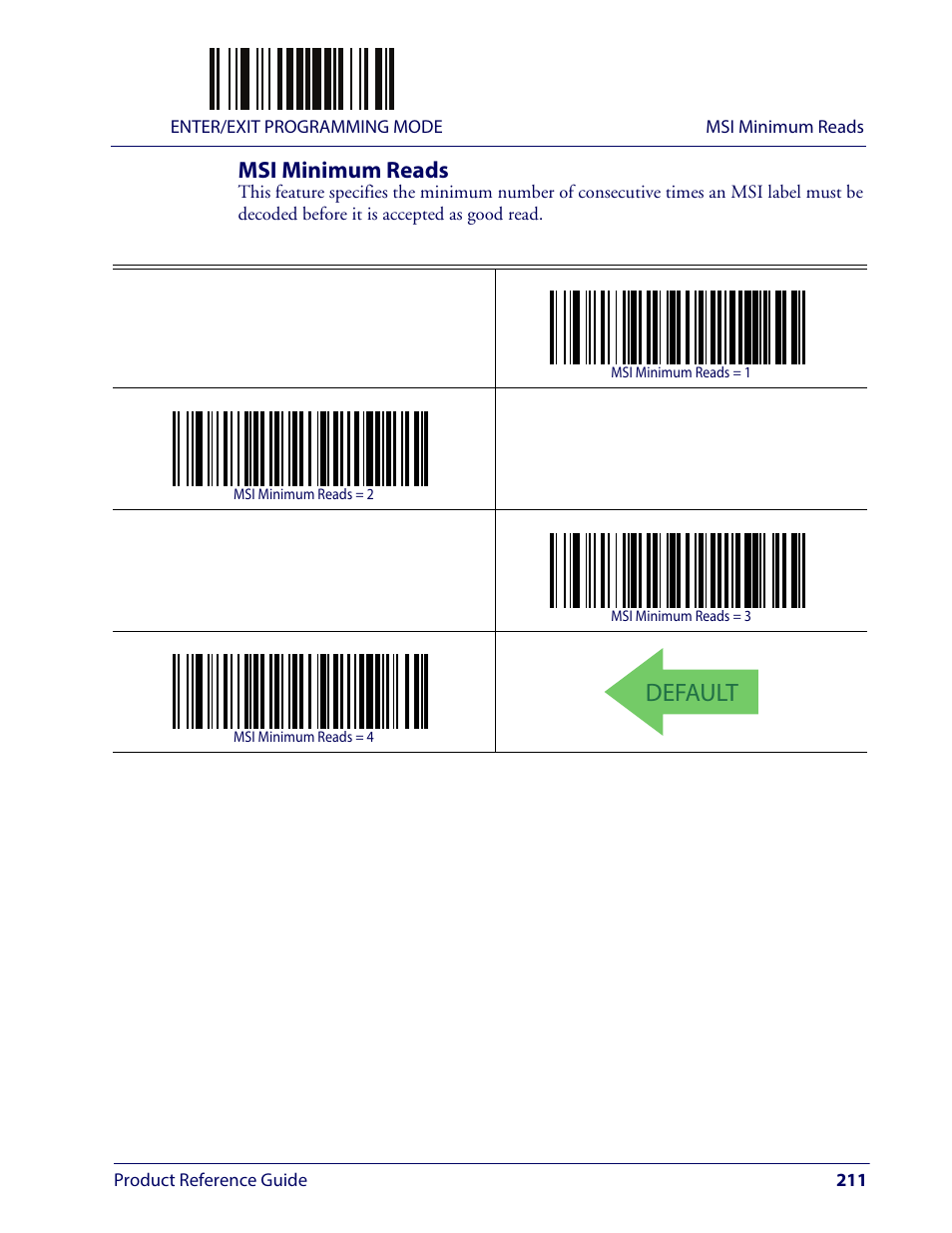 Msi minimum reads, Default | Wasp Barcode WLS9600 Product Reference Guide User Manual | Page 221 / 306