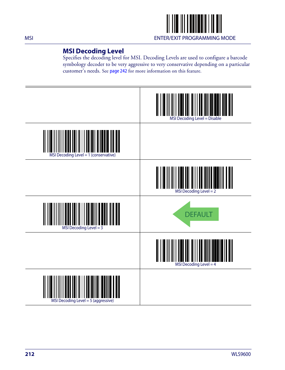 Msi decoding level, Default | Wasp Barcode WLS9600 Product Reference Guide User Manual | Page 222 / 306