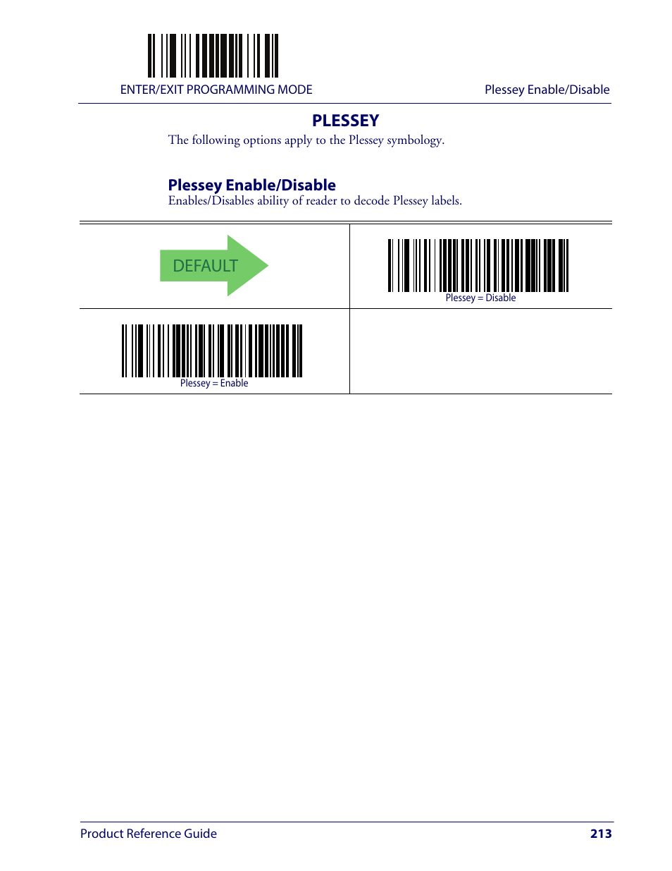 Plessey, Plessey enable/disable, Lessey | Default | Wasp Barcode WLS9600 Product Reference Guide User Manual | Page 223 / 306