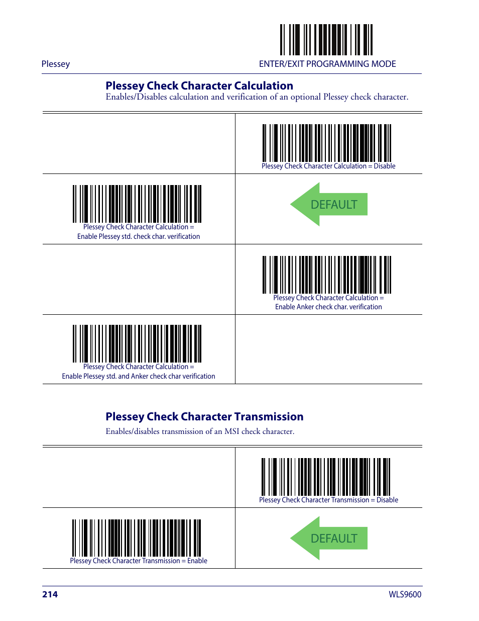 Plessey check character calculation, Plessey check character transmission, Default | Wasp Barcode WLS9600 Product Reference Guide User Manual | Page 224 / 306